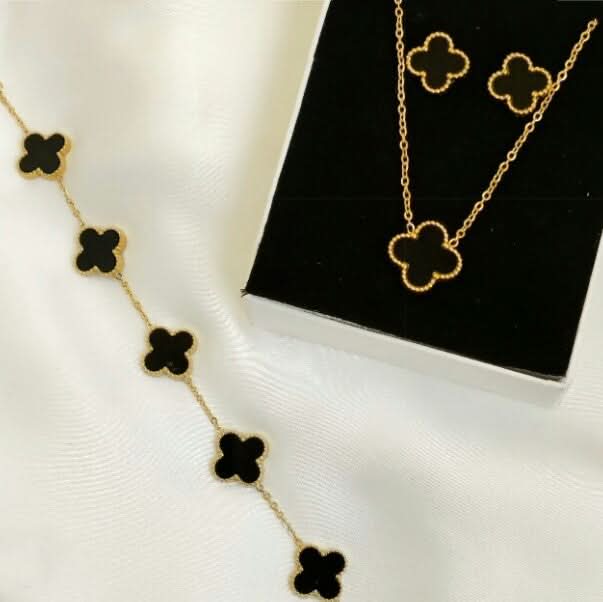 Van Cleef Black Jewelry Set – Elegant Necklace, Bracelet & Earrings Set for Women