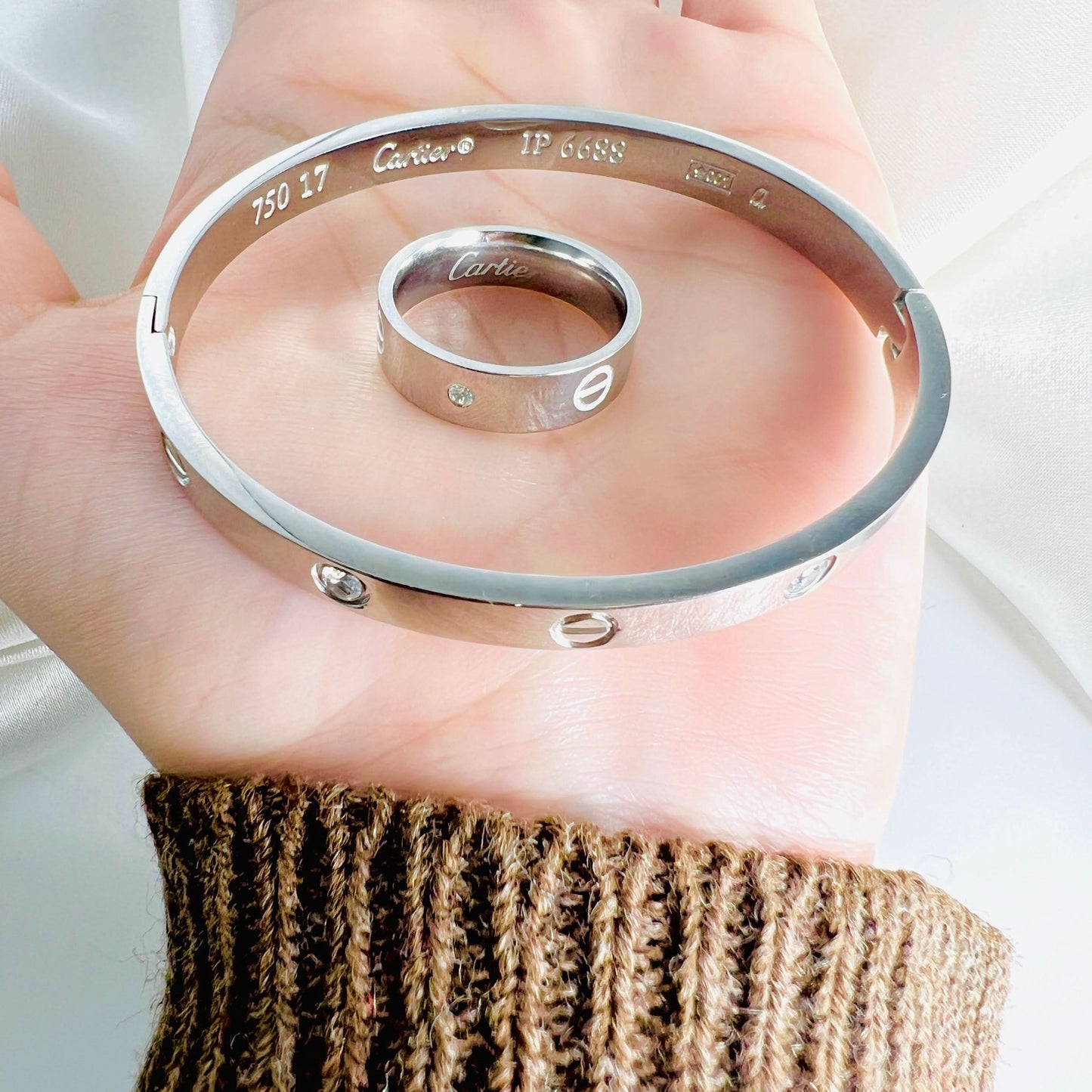 Silver Cartier Bangle and Ring Set – Elegant Luxury Jewelry for Women 8mm