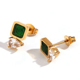 Gold Green Stone Stud Earrings for Women