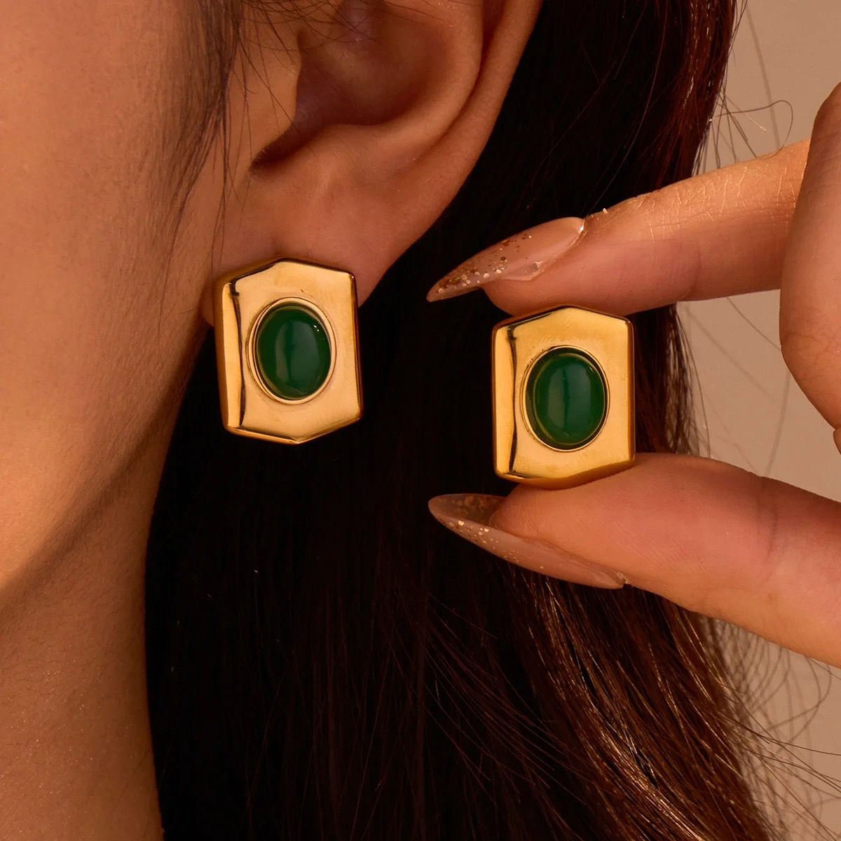 Gold Plated Green Stone Stud Earrings for Women