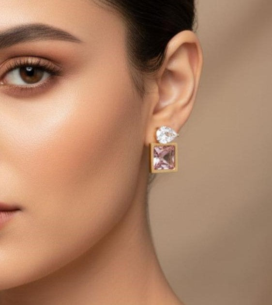 Gold Square Crystal Drop Earrings for Women