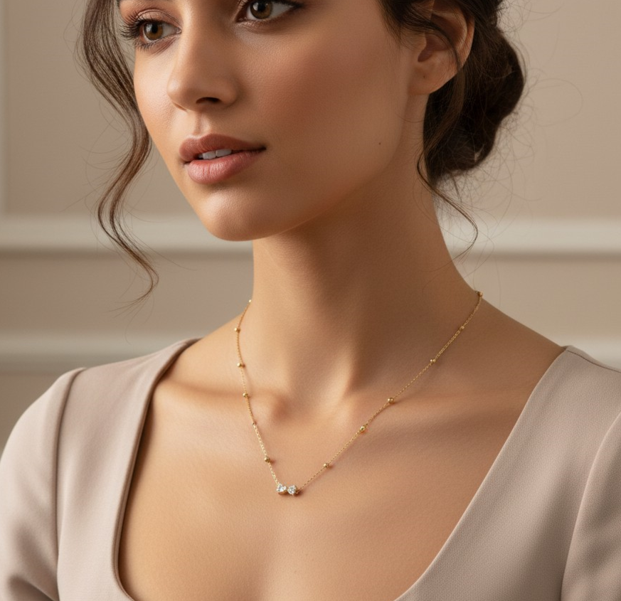 Minimal Gold Beaded Chain Necklace with Dual Crystal Pendant