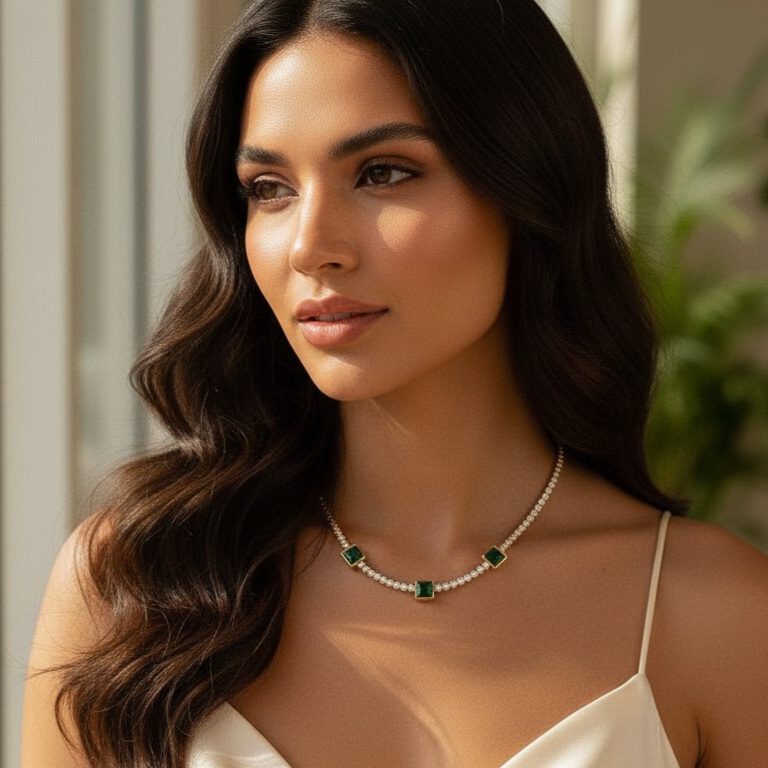 Luxury Emerald & Crystal Tennis Necklace for Women – Elegant Gold-Plated Jewelry