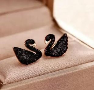 Black Swan with Crystal Pierced Ear Studs – Stainless Steel, Elegant Design - 3243326