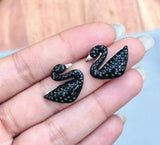 Black Swan with Crystal Pierced Ear Studs – Stainless Steel, Elegant Design - 3243326