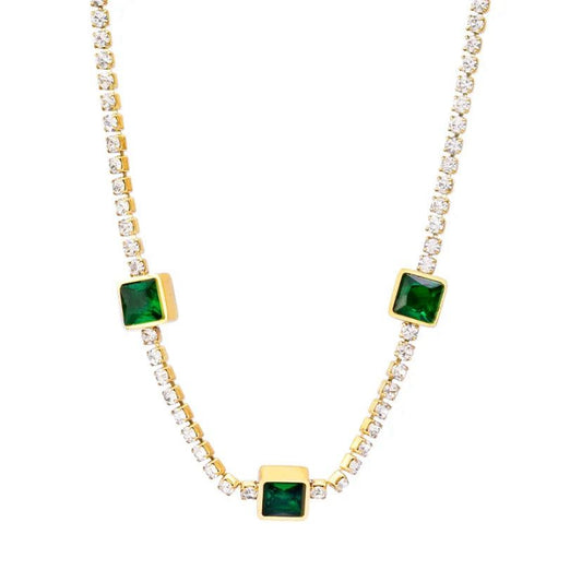 Luxury Emerald & Crystal Tennis Necklace for Women – Elegant Gold-Plated Jewelry