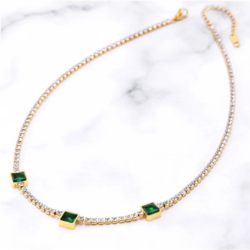Luxury Emerald & Crystal Tennis Necklace for Women – Elegant Gold-Plated Jewelry