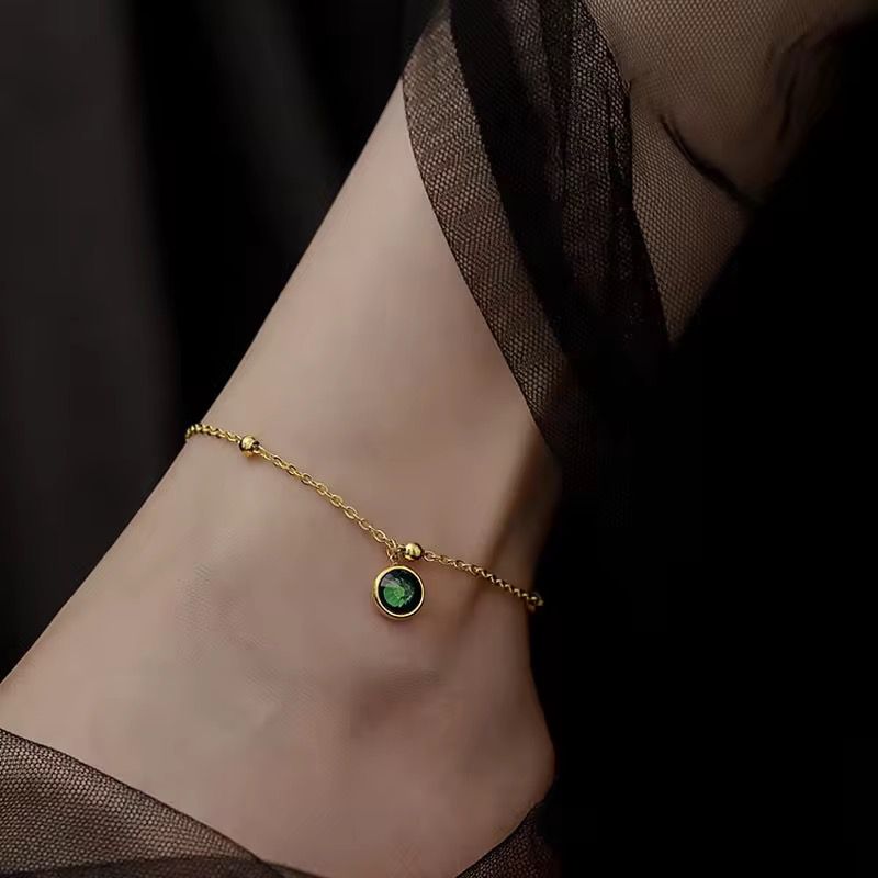 Elegant Gold Chain Anklet with Green Crystal Charm