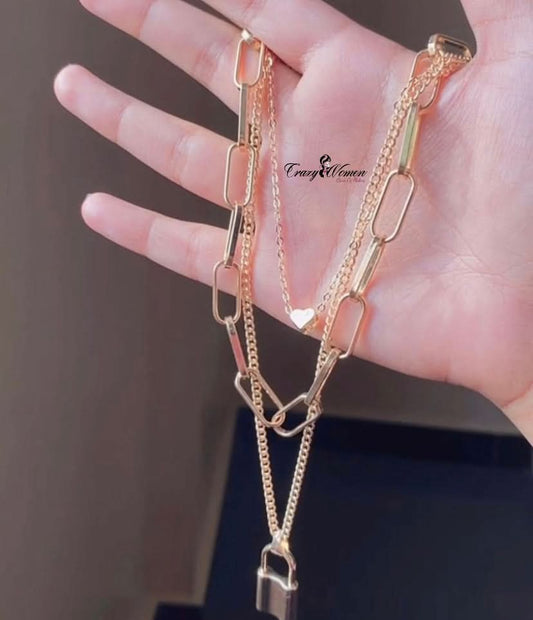 Three Layer Lock Pendant Necklace – Trendy Layered Chain