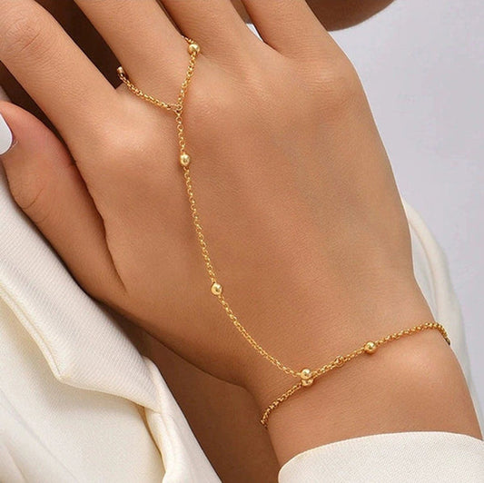 Elegant Gold Hand Chain Bracelet – Dainty Beaded Slave Bracelet for Women