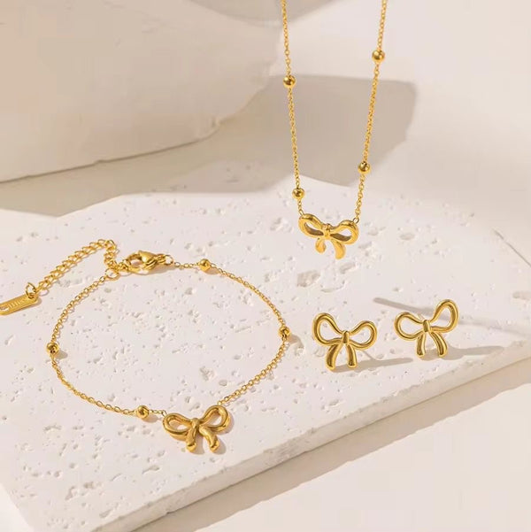Golden Bow Jewelry Set – Dainty Bow Necklace, Bracelet & Earrings for Women