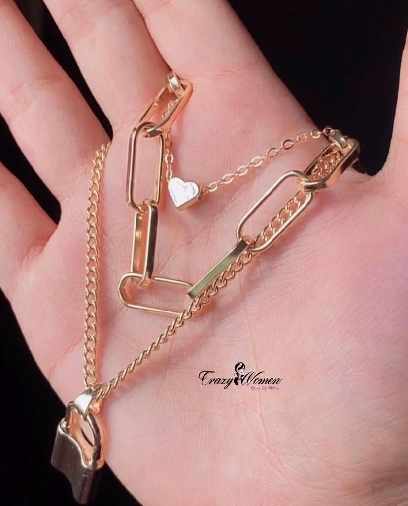 Three Layer Lock Pendant Necklace – Trendy Layered Chain - Crazy Women
