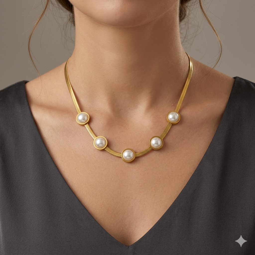 Pearl Station Herringbone Necklace