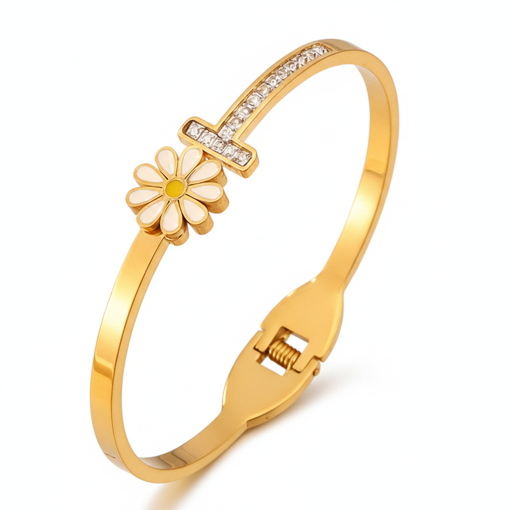 Gold Daisy Flower Crystal Bangle