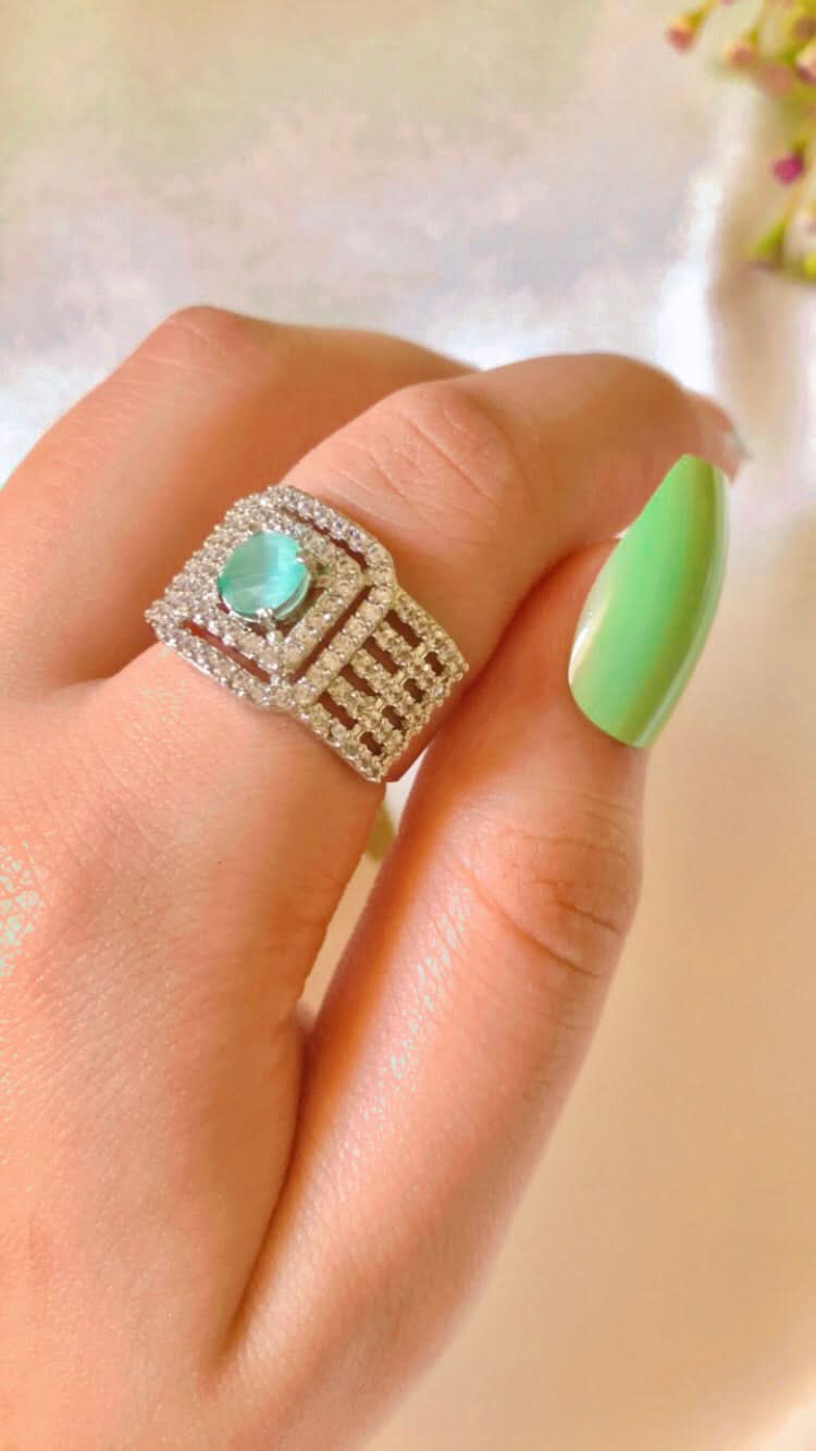 Light Green American Diamond Silver Ring for Girls