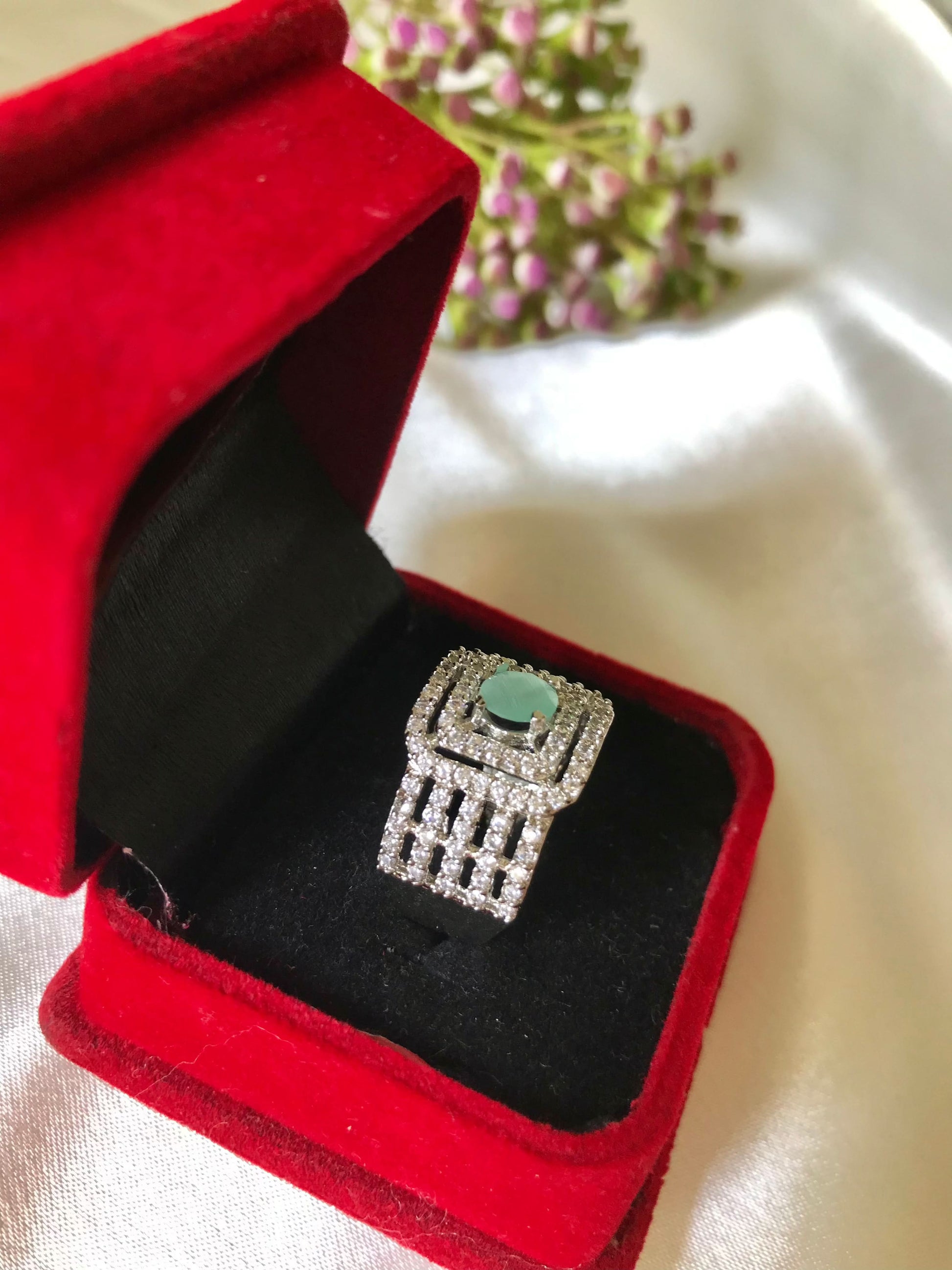 Light Green American Diamond Silver Ring for Girls