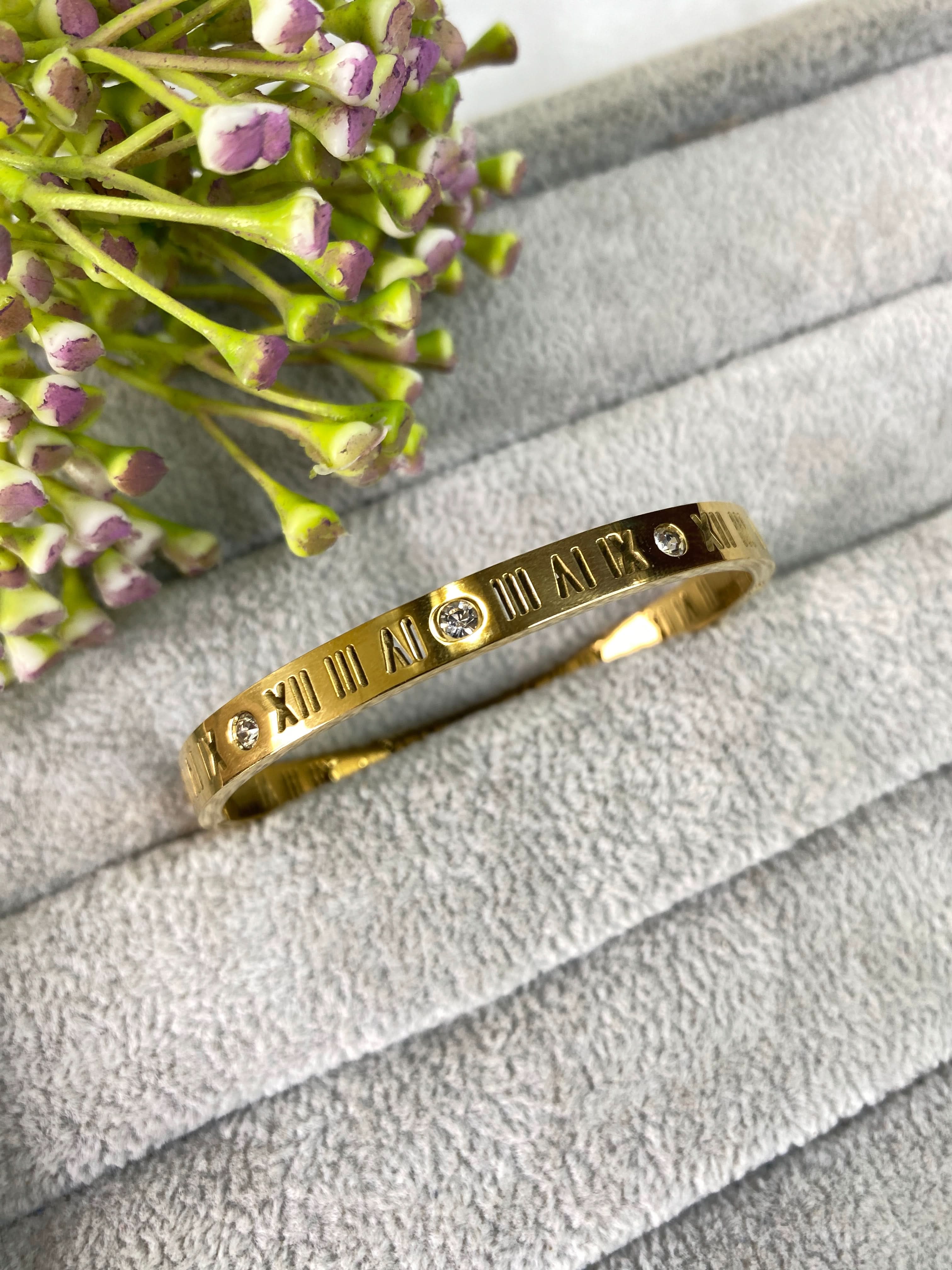 Golden Roman Stainless Steel Bangle – Elegant & Timeless Luxury Bracelet for Women - Crazy Women