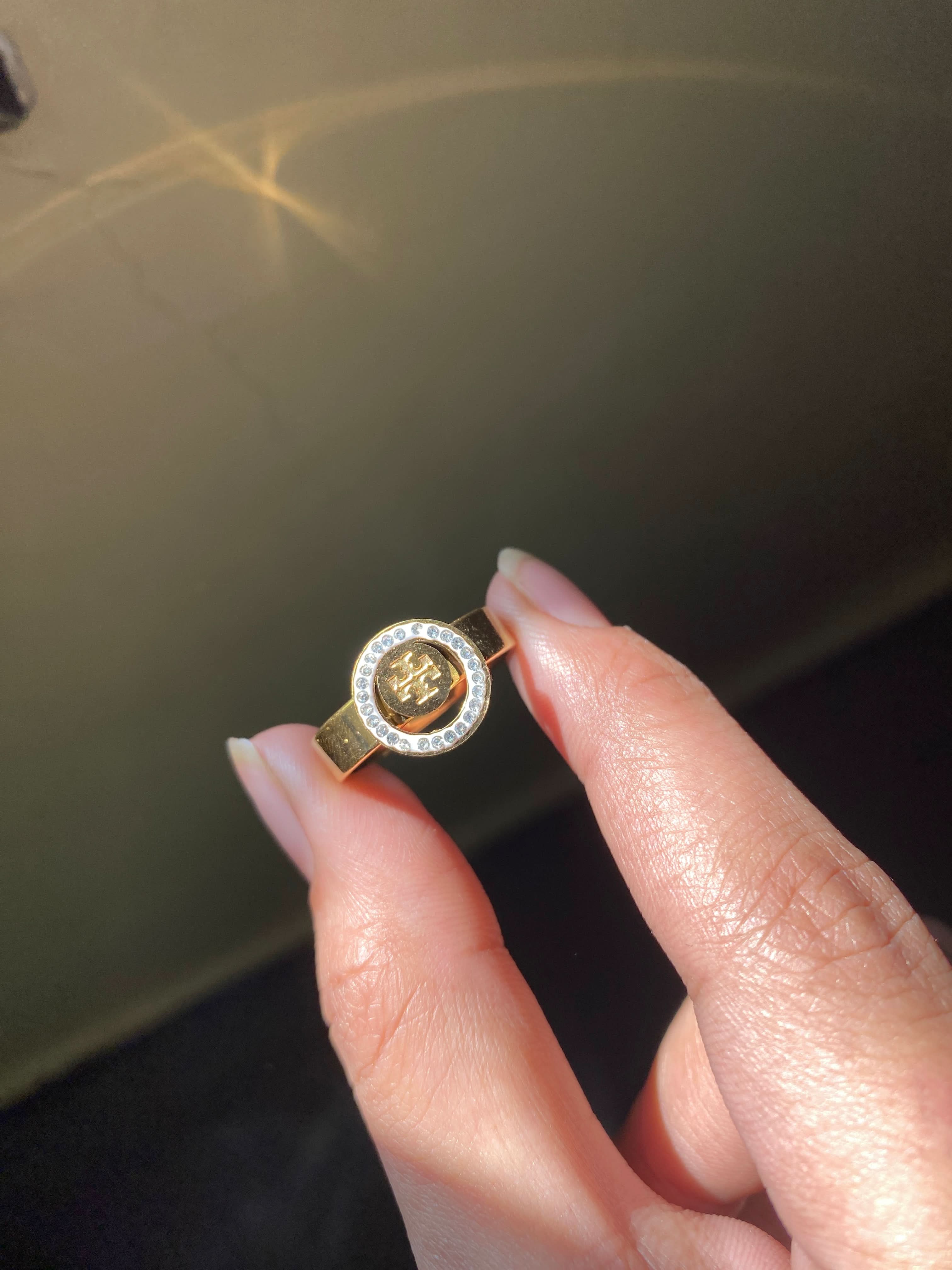 Tory Gemstone Emblem Ring – Elegant Logo Design with Sparkling Stone Border - Crazy Women