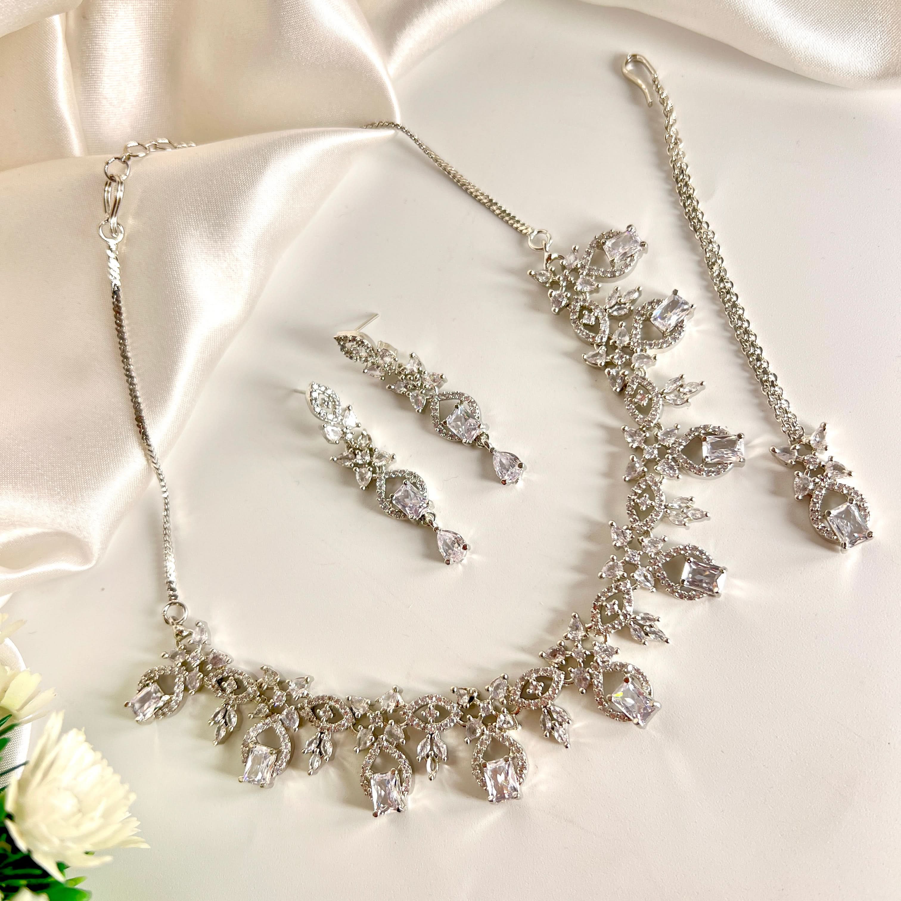 Beautiful AD Necklace Set Zircon White Stone - Crazy Women