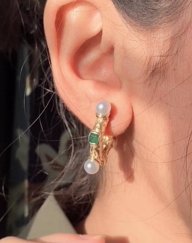 Emerald Pearl Hoop Earrings