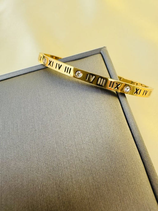Golden Roman Stainless Steel Bangle – Elegant & Timeless Luxury Bracelet for Women