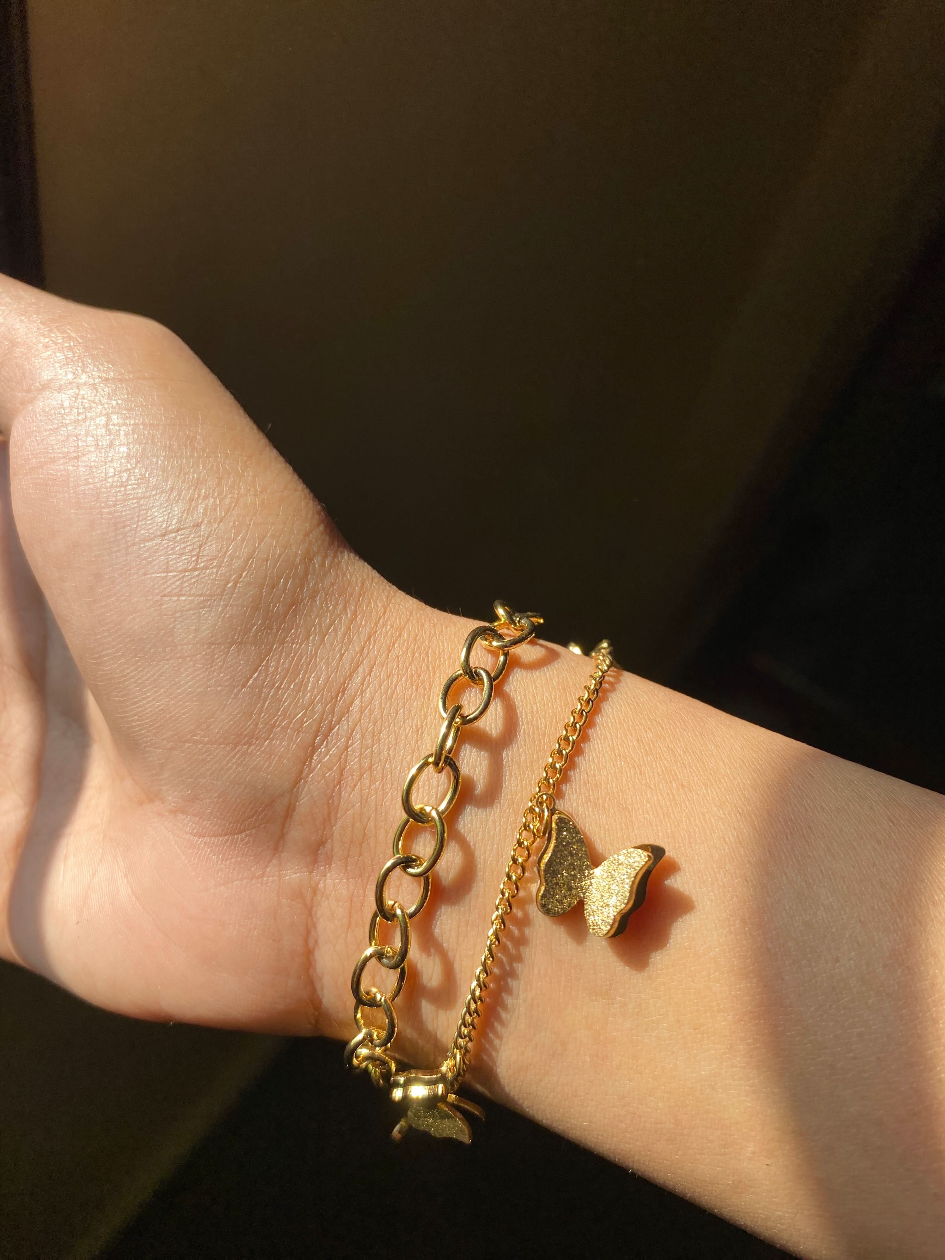 Butterfly Chain Duo Bracelet – Elegant Layered Design with Butterfly Charm - Crazy Women
