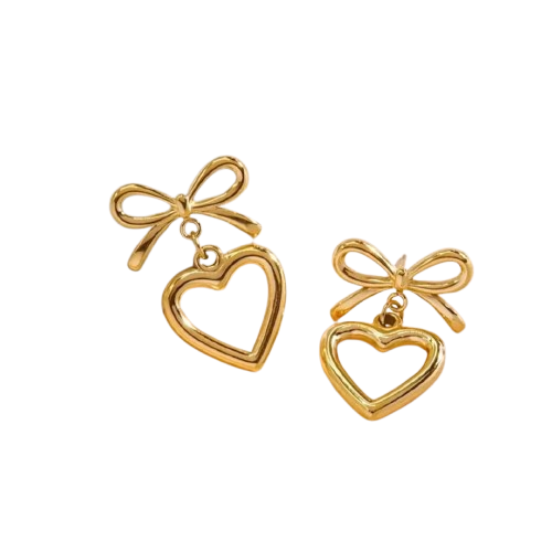 Chic Gold Bow & Open Heart Drop Earrings – Romantic Statement Jewelry