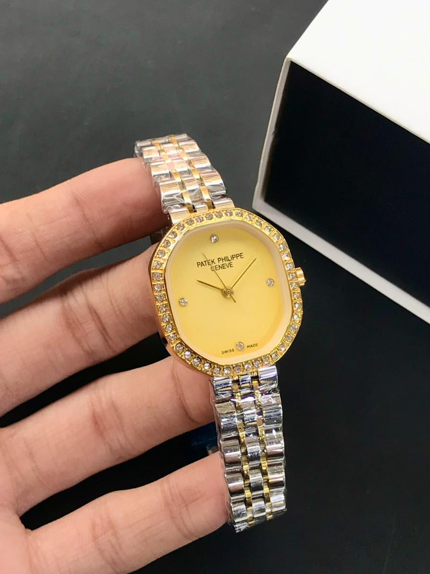 Patek Philippe Women’s Watch – Gold Dial, Two-Tone Chain, Premium Crystal Bezel