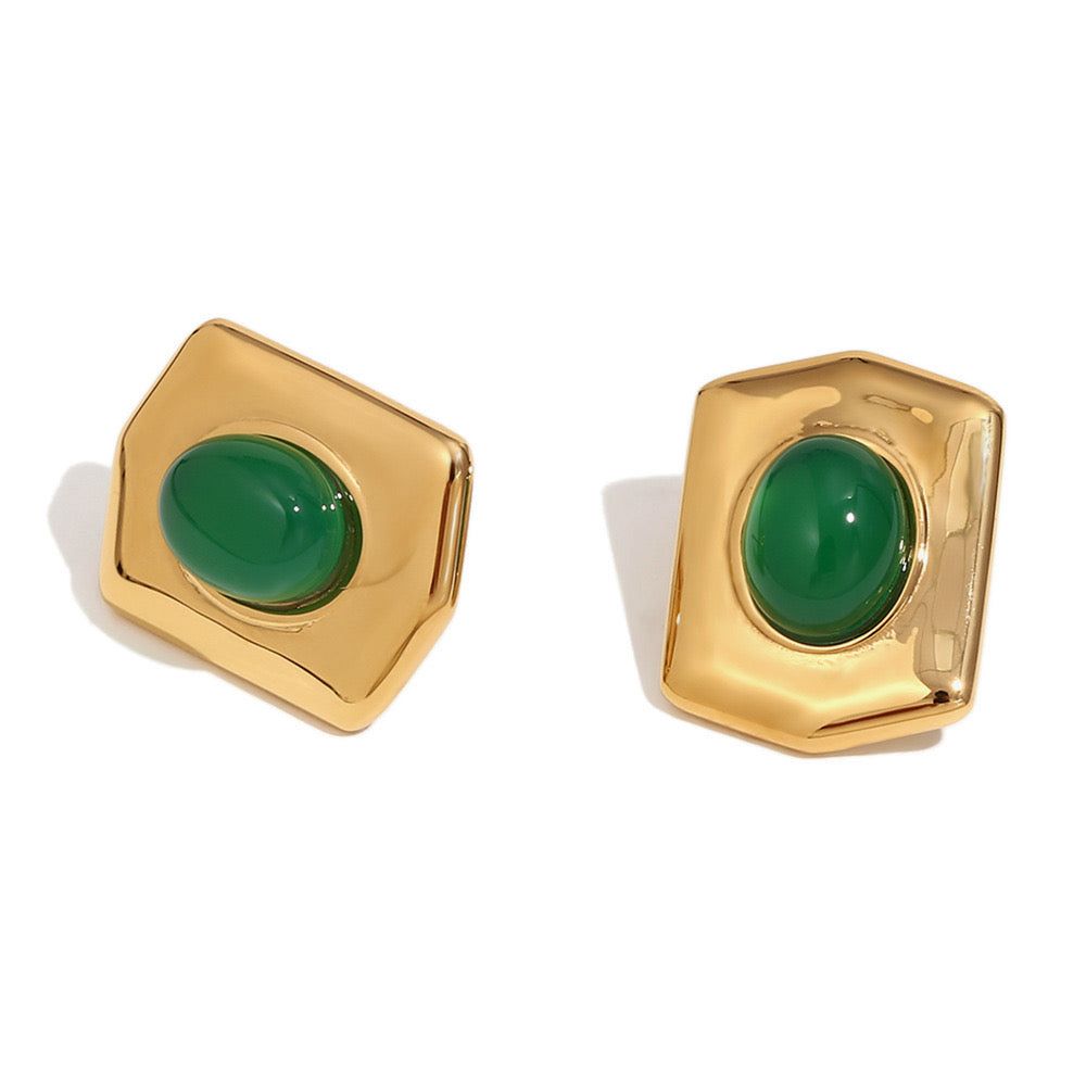 Gold Plated Green Stone Stud Earrings for Women