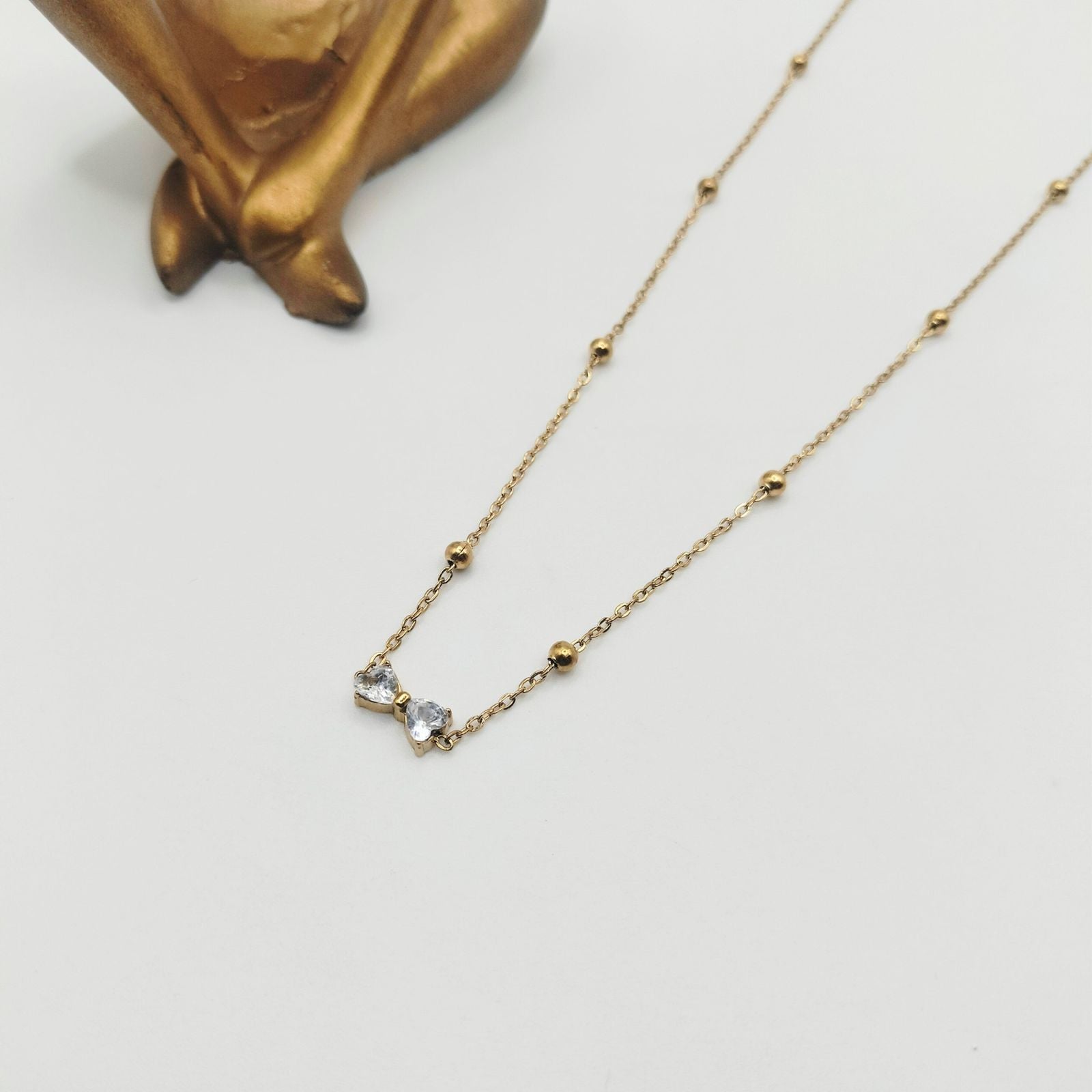 Minimal Gold Beaded Chain Necklace with Dual Crystal Pendant