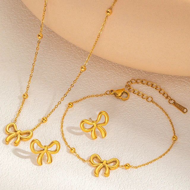 Gold Bow Necklace and Earrings Jewelry Set for Women