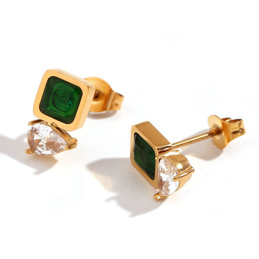 Gold Green Stone Stud Earrings for Women