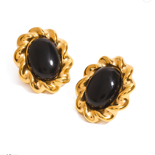 Vintage-Inspired Gold Twisted Ribbon Stud Earrings with Oval Black Stone