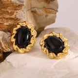 Vintage-Inspired Gold Twisted Ribbon Stud Earrings with Oval Black Stone
