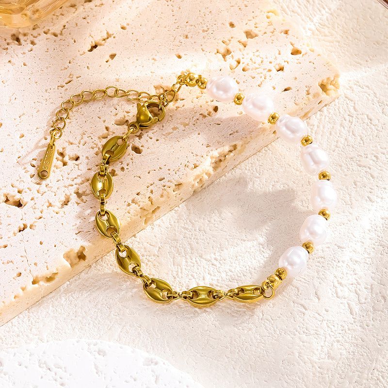 Elegant Baroque Pearl & Gold Coffee Bean Link Bracelet – Modern Statement Jewelry