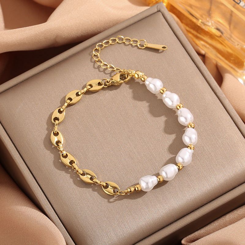 Elegant Baroque Pearl & Gold Coffee Bean Link Bracelet – Modern Statement Jewelry