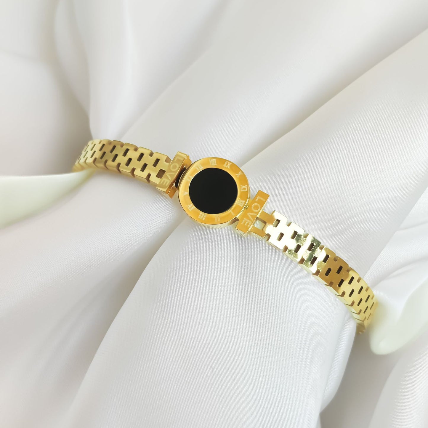 Roman Numeral Bracelet with Black Onyx Center