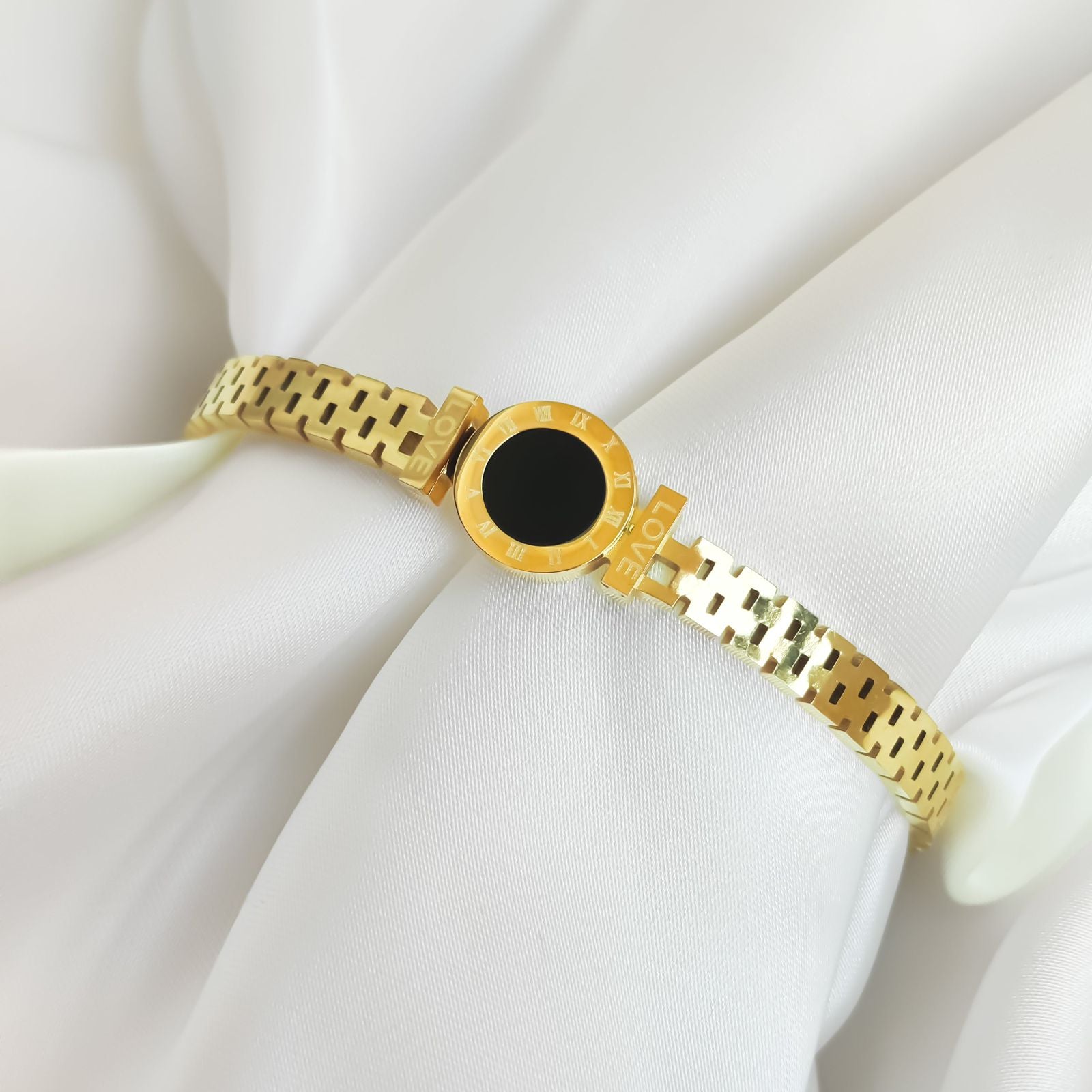 Roman Numeral Bracelet with Black Onyx Center