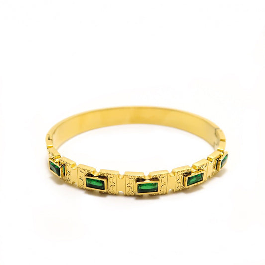 Vintage Gold Engraved Bangle with Emerald Green Baguette Stones