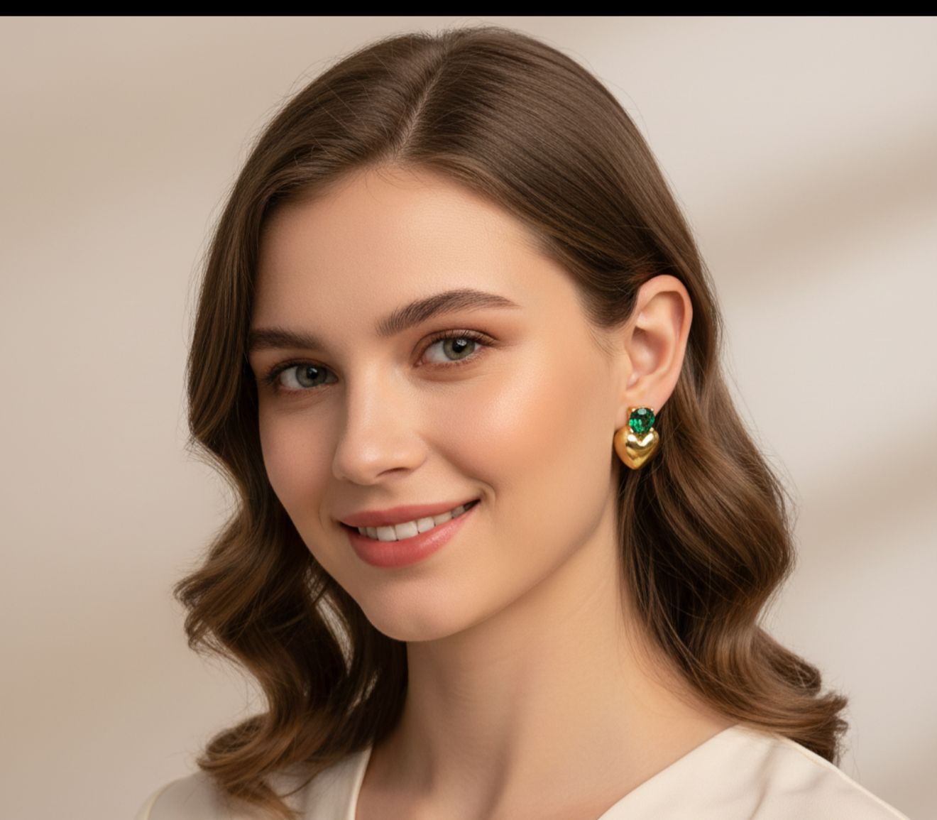 Gold Heart Stud Earrings with Green Crystal – Elegant Minimal Jewelry