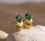 Gold Heart Stud Earrings with Green Crystal – Elegant Minimal Jewelry