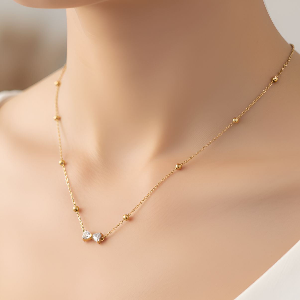 Minimal Gold Beaded Chain Necklace with Dual Crystal Pendant