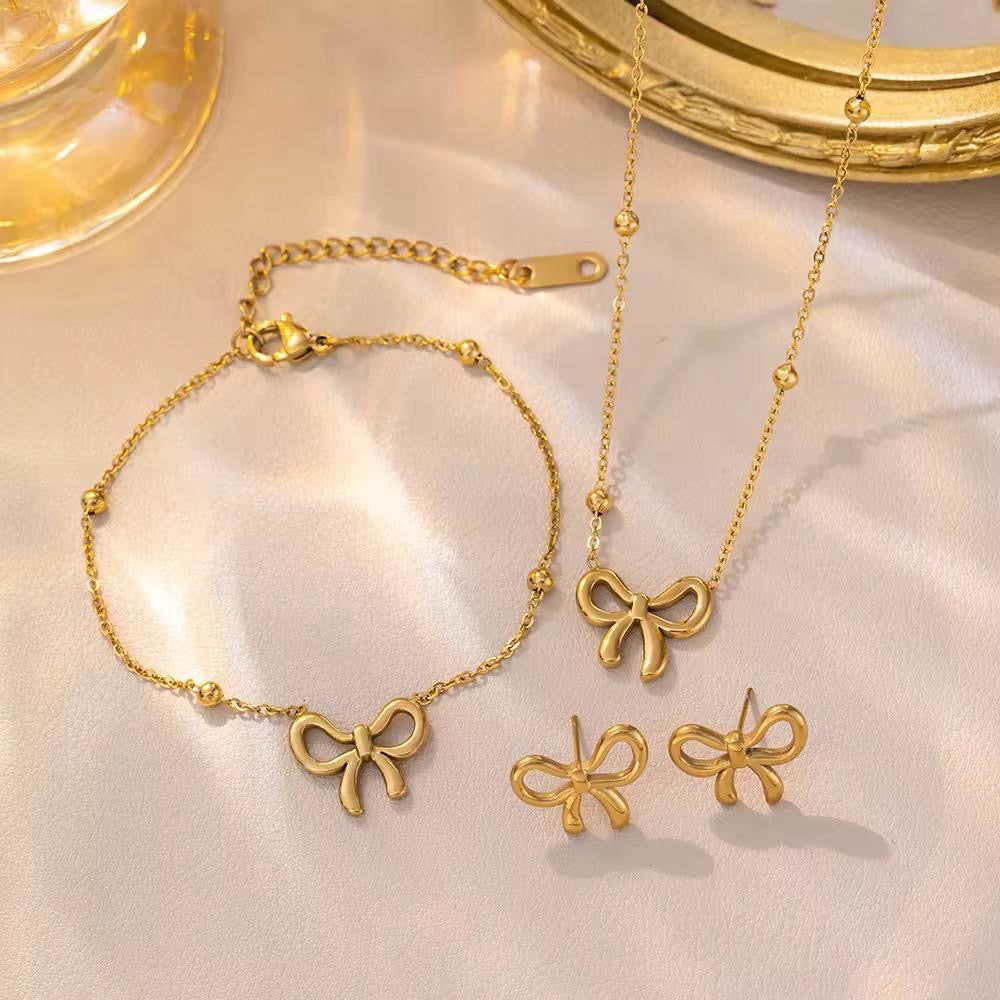 Gold Bow Necklace and Earrings Jewelry Set for Women