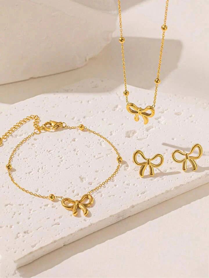 Gold Bow Necklace and Earrings Jewelry Set for Women