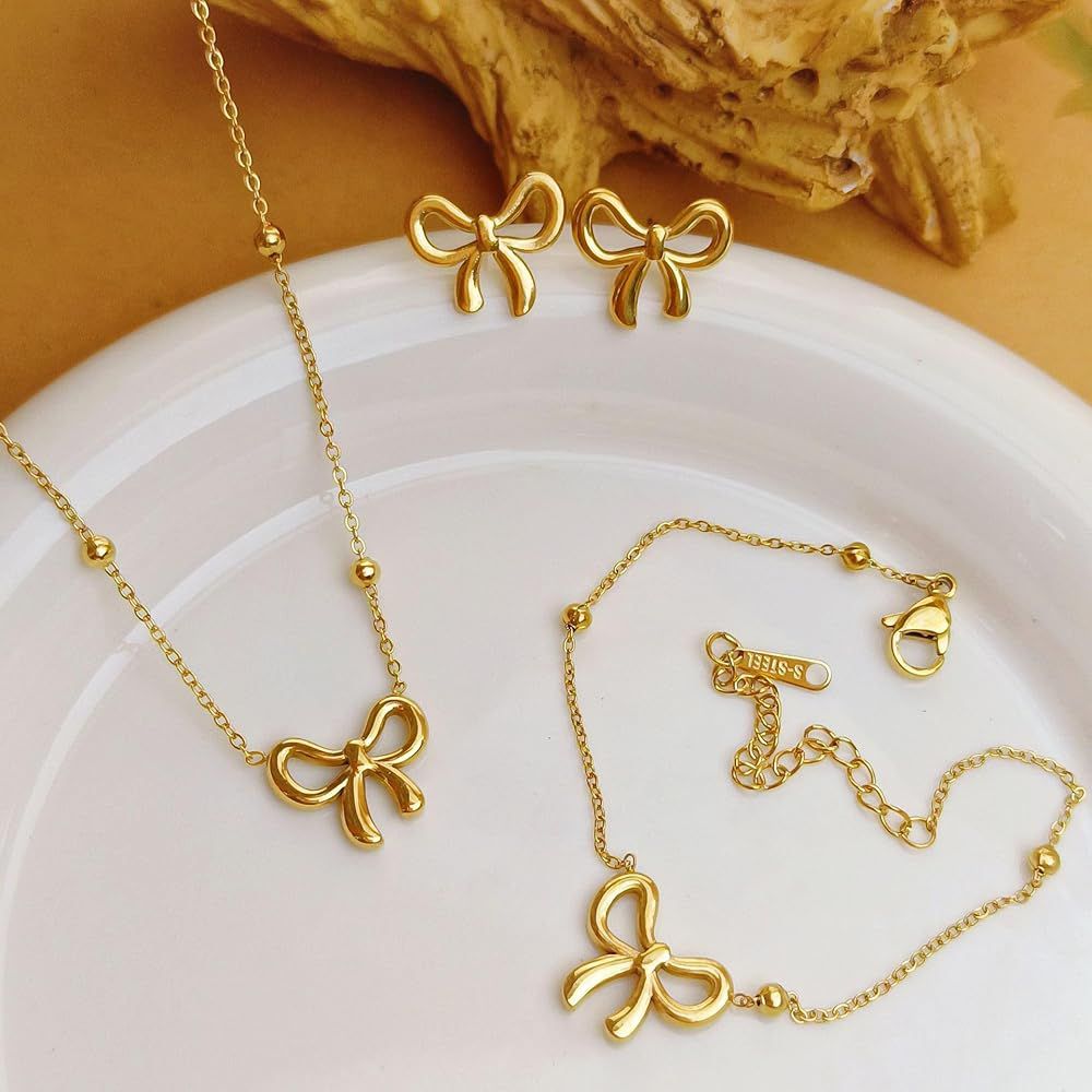 Gold Bow Necklace and Earrings Jewelry Set for Women