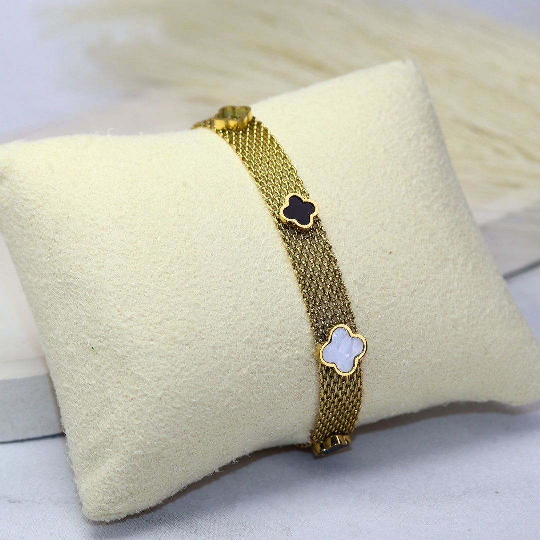 Luxury Gold Mesh Bracelet with Multi-Color Clover Charms