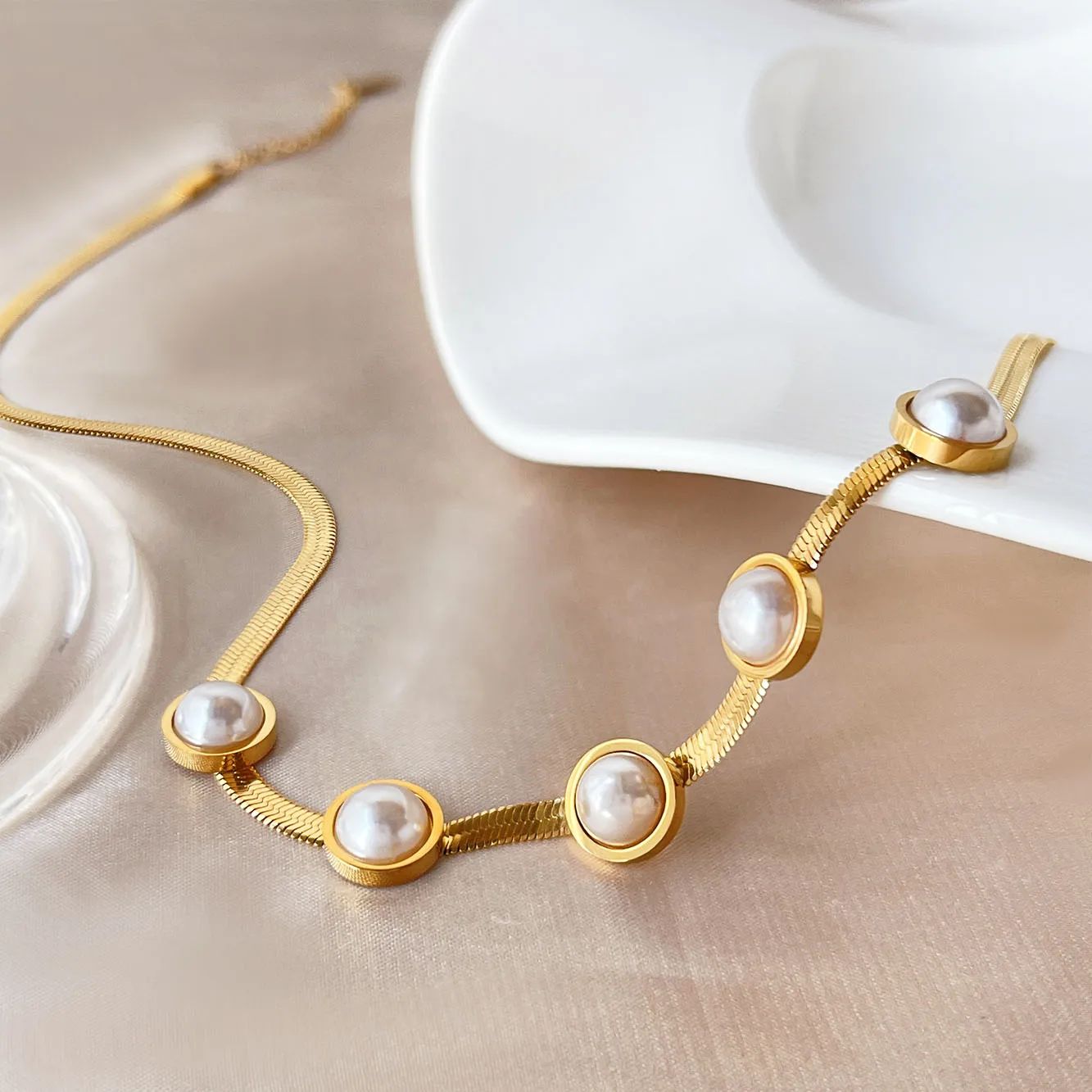 Pearl Station Herringbone Necklace