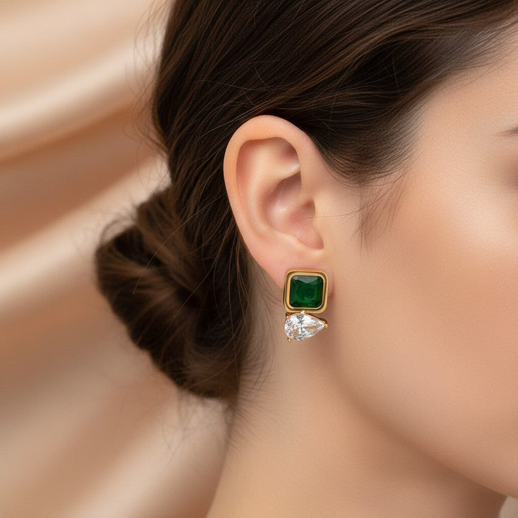 Gold Green Stone Stud Earrings for Women