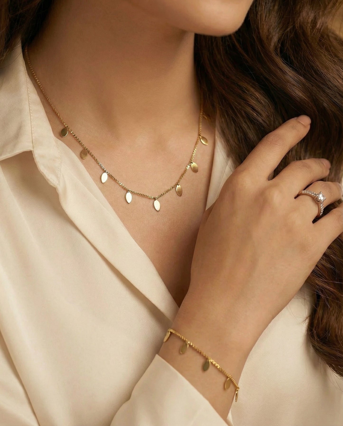 Gold Leaf Charm Necklace & Bracelet Set – Minimal Elegant Jewelry