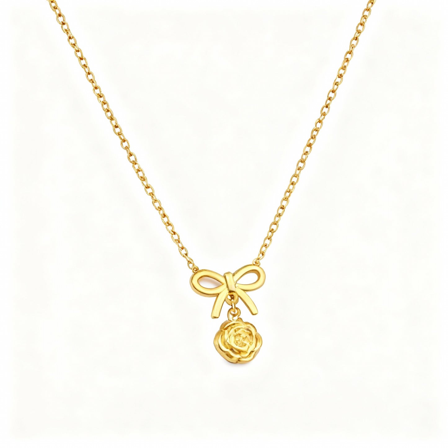 Elegant Gold Bow & Rose Pendant Necklace